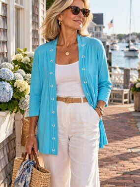 ELI Open Front Cardigan Womens Large L Aqua Blue Pima Cotton Grommet Duster EUC